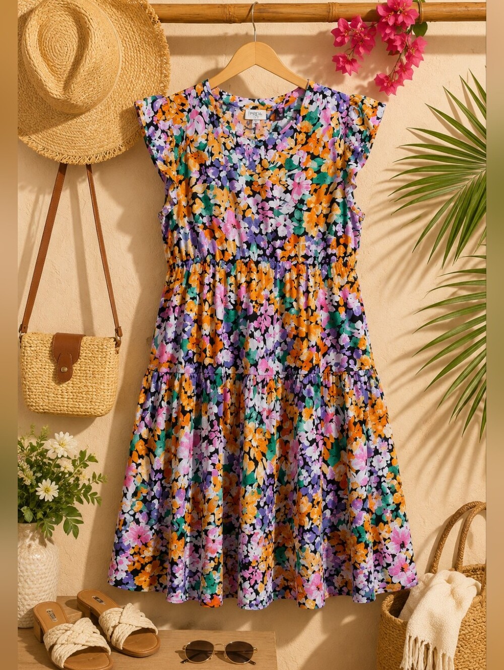 Terra & Sky Plus Size 2x: Babydoll Multi Colour Floral Tiered Summer Dress